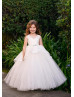 Beaded Ivory Lace Polka Dot Tulle Flower Girl Dress